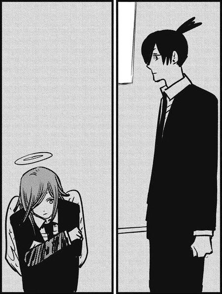 akiangel chainsaw man manga panels (angel is curled up on the floor and aki stands over vem)